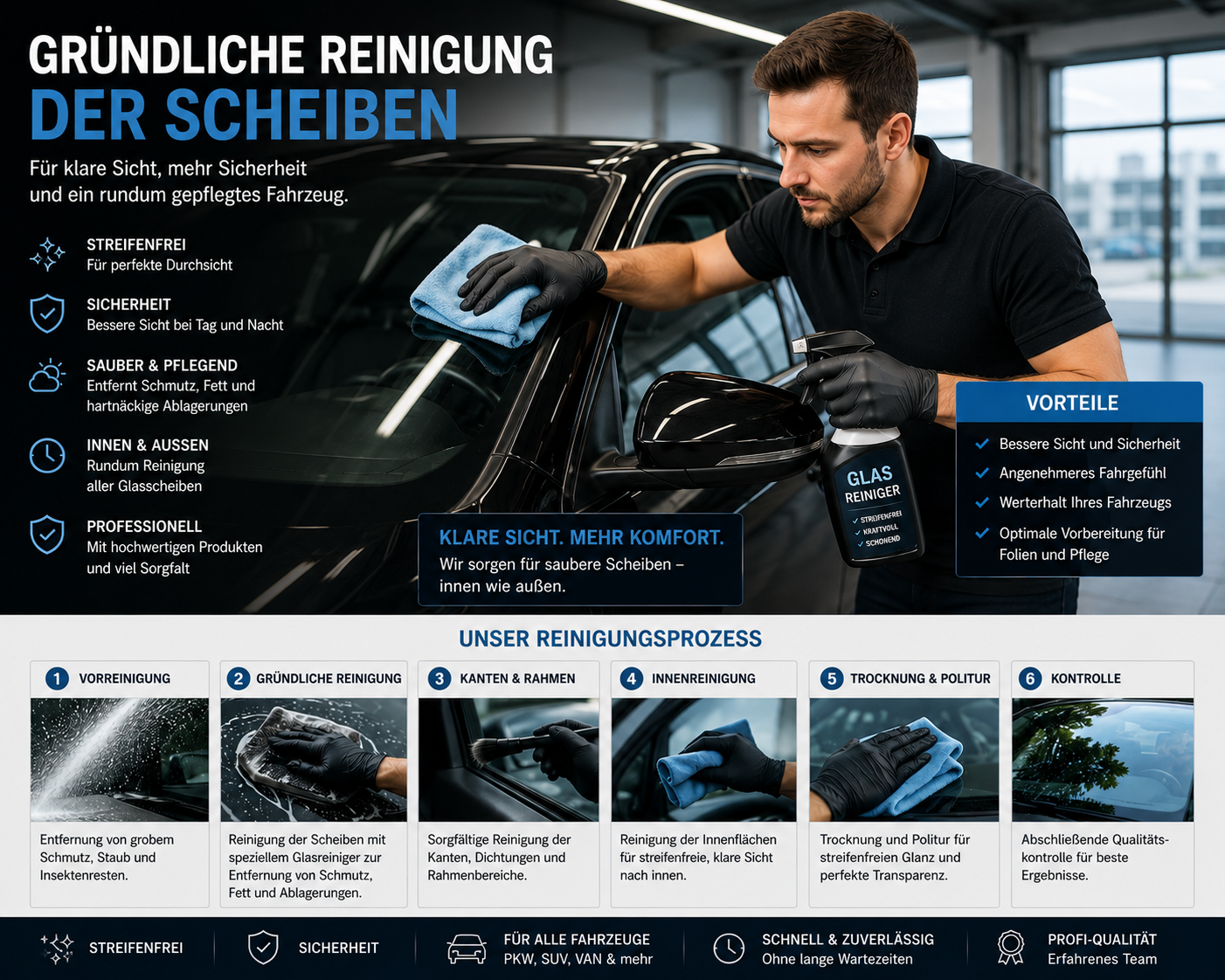 Gründliche Reinigung der Fahrzeugscheiben vor der Folierung